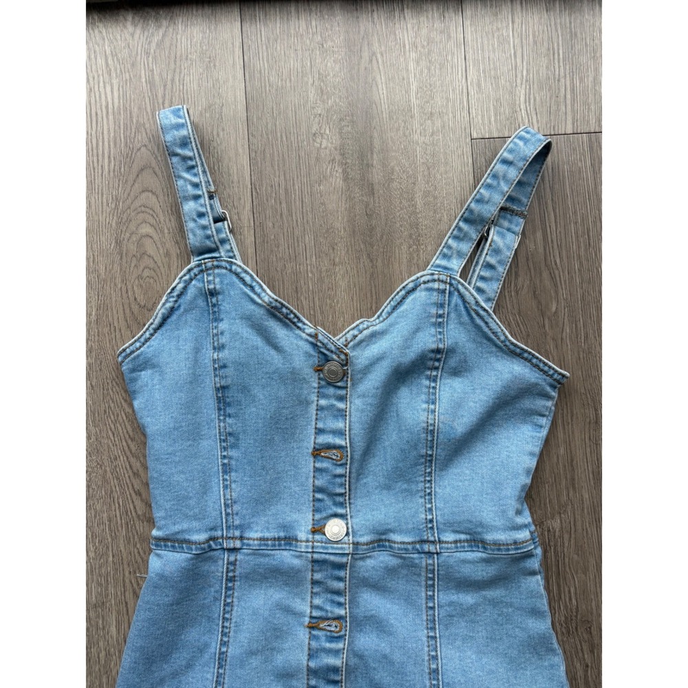 Forever 21 Light Wash Denim Button Down Mini Dress Blue Small Sleeveless 90s - Picture 7 of 10